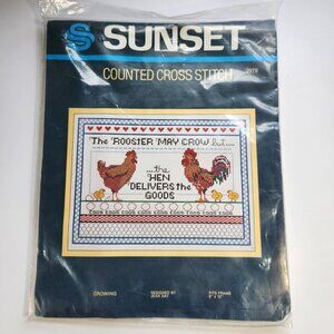 Sunset Counted Cross Stitch Kit Rooster Chicken Farmhouse Decor New Vintage